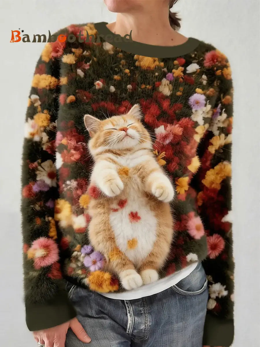 Women’s Cute Floral Cat Flannel Sweatshirt As picture / S