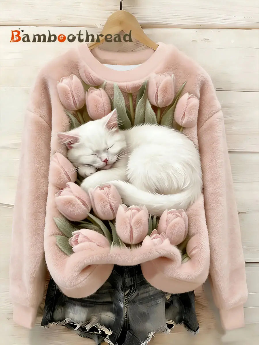 Women’s Cute Floral Cat Flannel Sweatshirt Light Pink / S