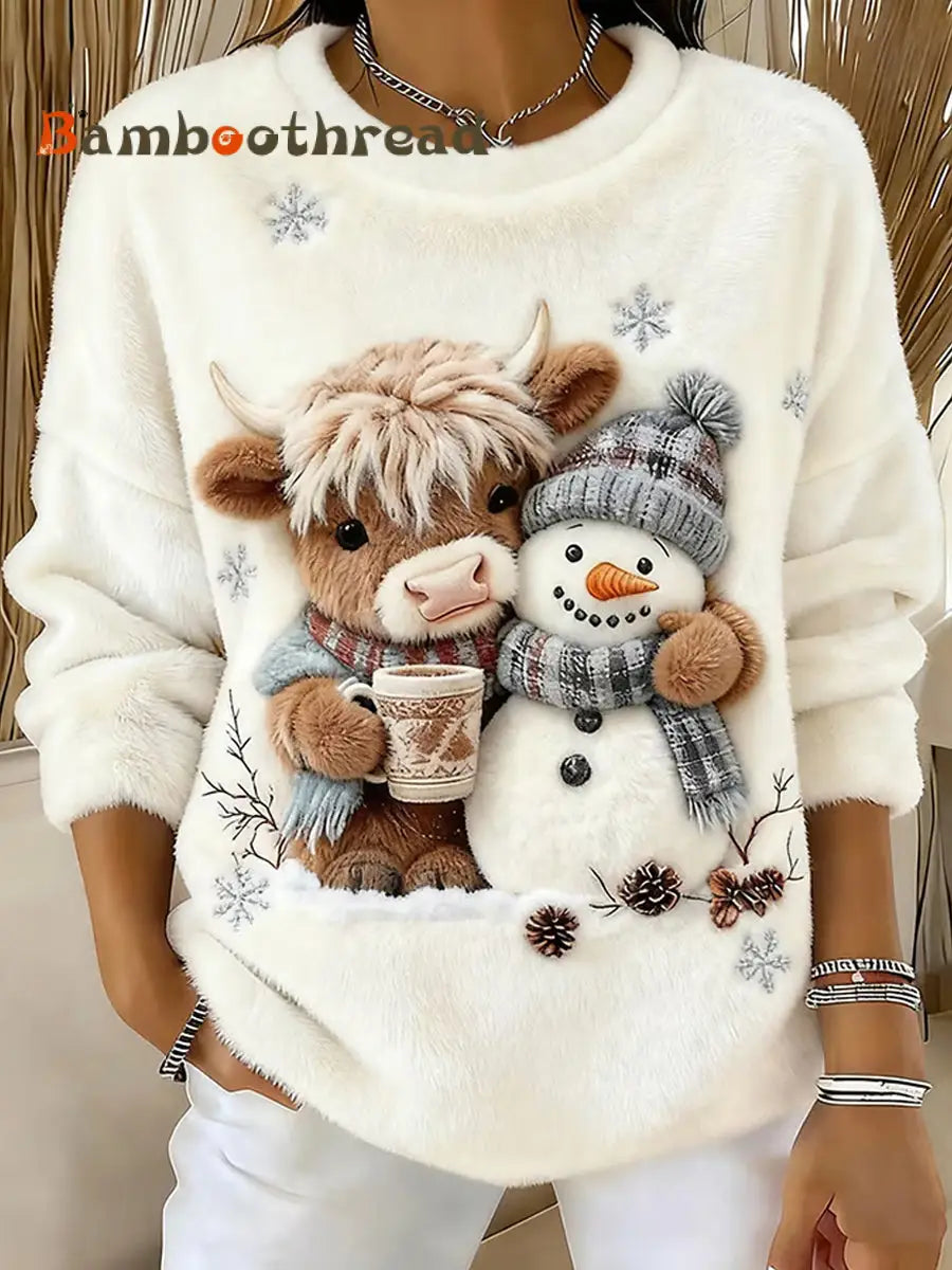 Women’s Cute Highland Cow And Snowman Print Casual Flannel Sweatshirt Creamy-White / S