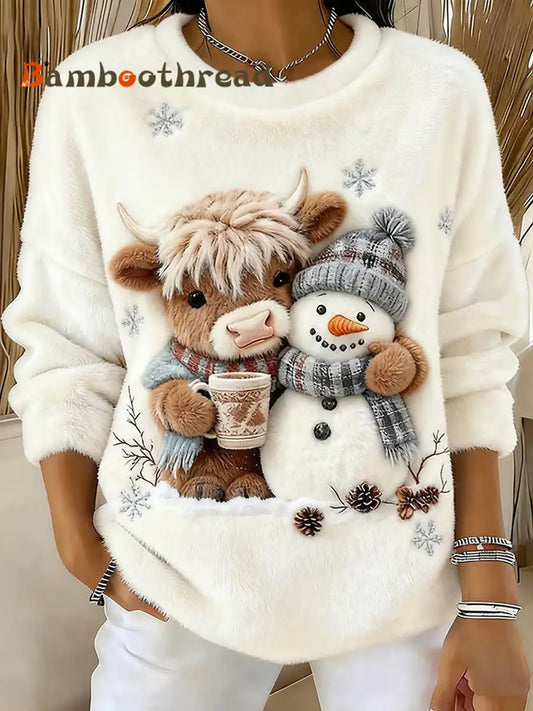 Women’s Cute Highland Cow And Snowman Print Casual Flannel Sweatshirt Creamy-White / S