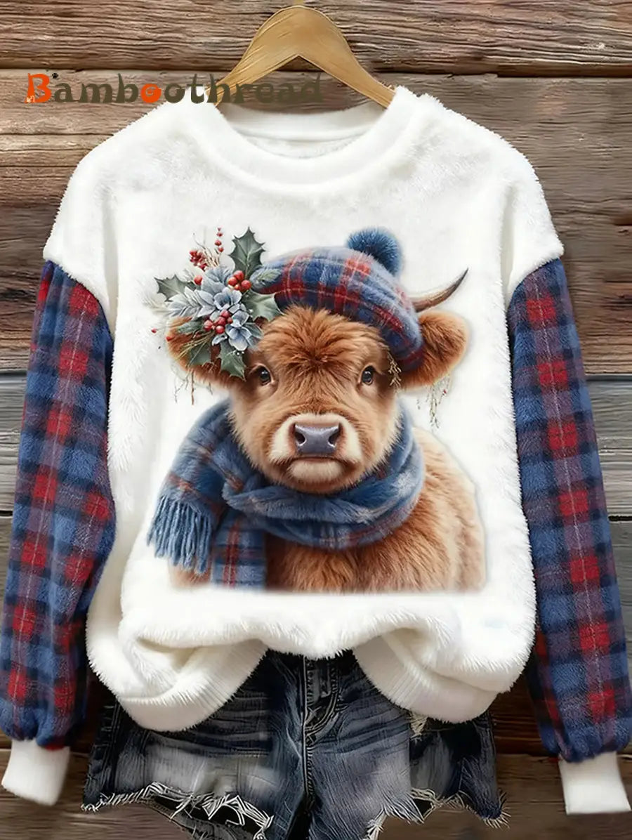 Women’s Cute Highland Cow Plaid Print Casual Flannel Sweatshirt Blue / S