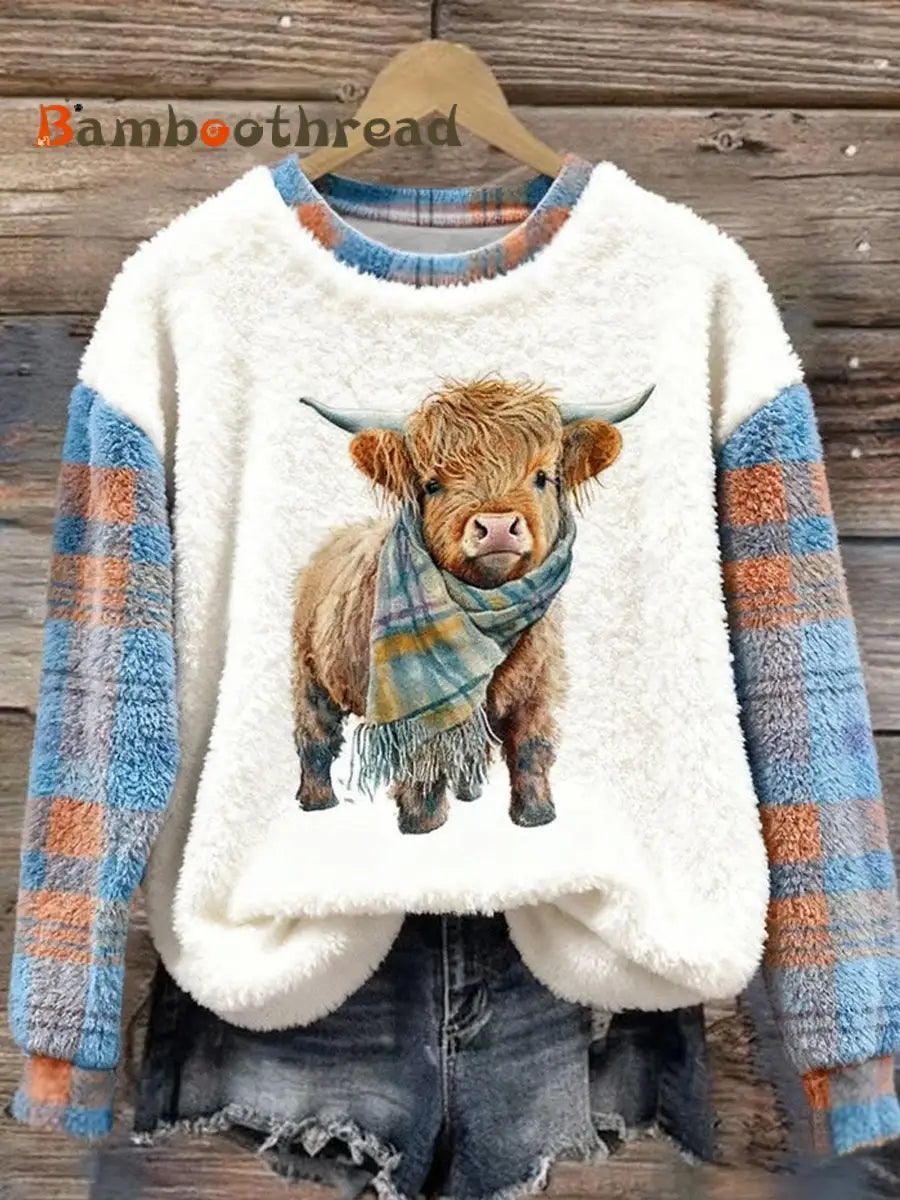 Women’s Cute Highland Cow Plaid Print Casual Flannel Sweatshirt Blue / S
