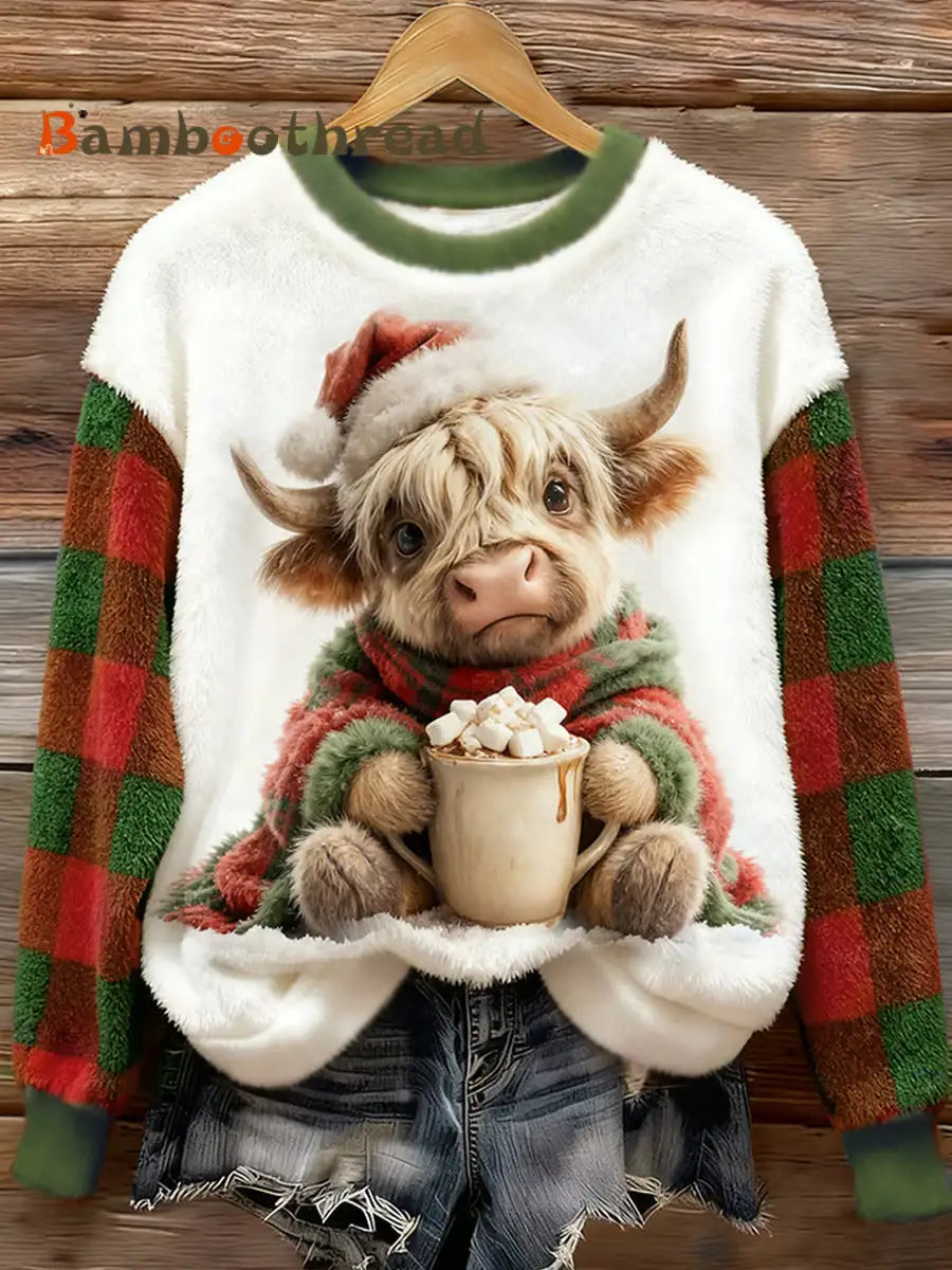 Women’s Cute Highland Cow Plaid Print Casual Flannel Sweatshirt Green / S