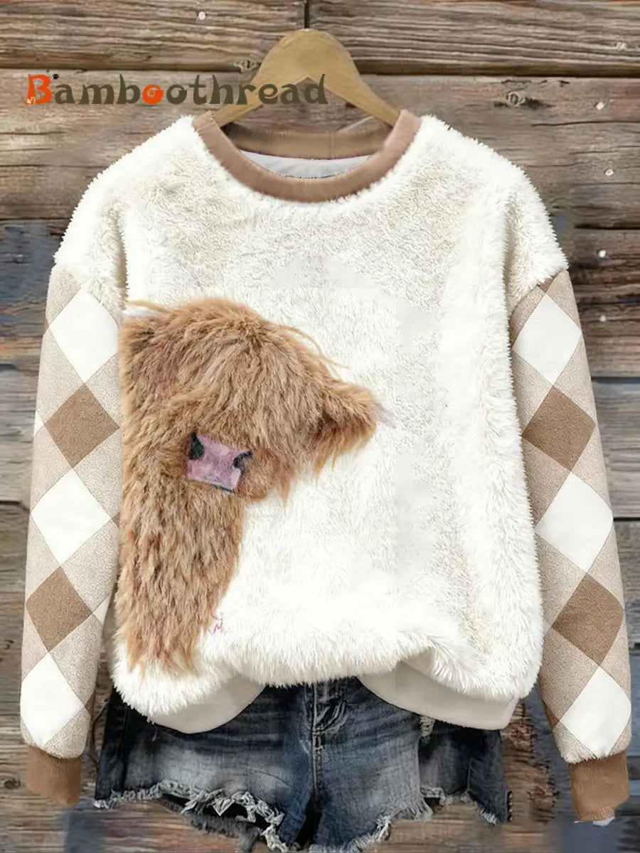 Women’s Cute Highland Cow Plaid Print Casual Flannel Sweatshirt Khaki / S