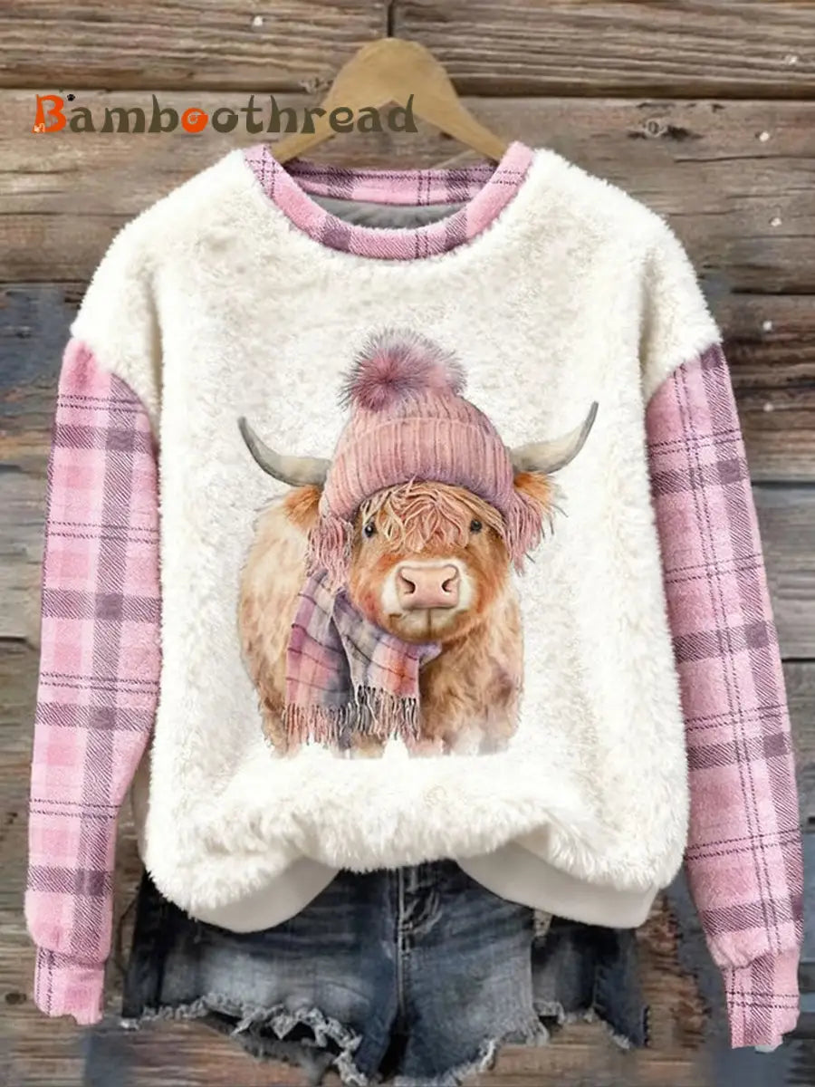 Women’s Cute Highland Cow Plaid Print Casual Flannel Sweatshirt Pink / S