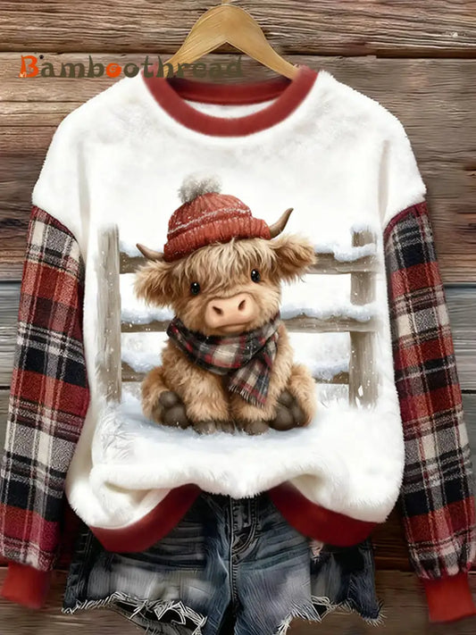 Women’s Cute Highland Cow Plaid Print Casual Flannel Sweatshirt Red / S