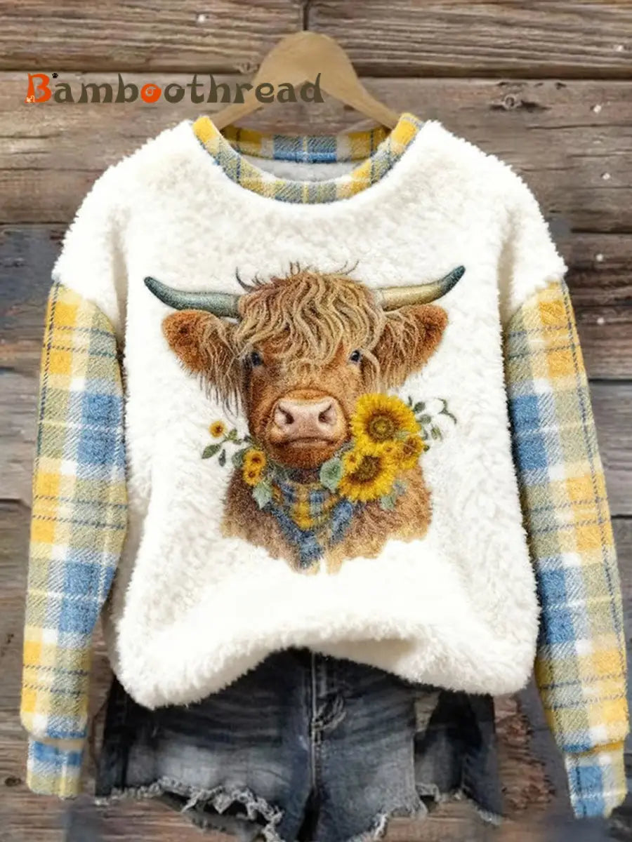 Women’s Cute Highland Cow Plaid Print Casual Flannel Sweatshirt Yellow / S