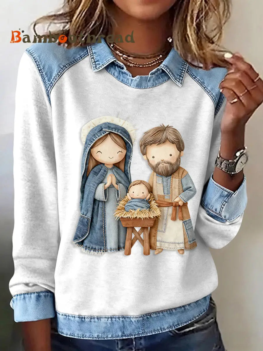 Women’s Cute Nativity Scene Art Design Patchwork Top White / S
