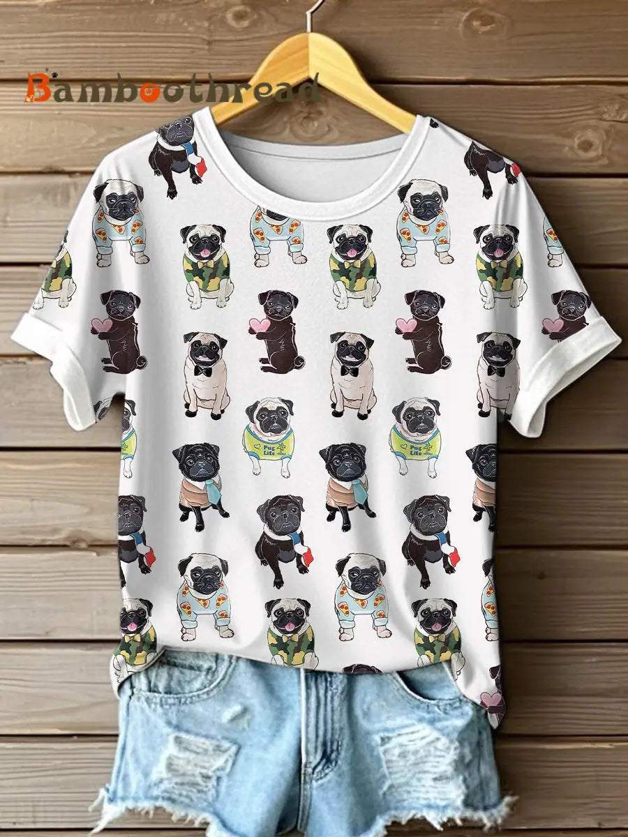 Women’s Cute Pug Art Print T-Shirt As picture / S