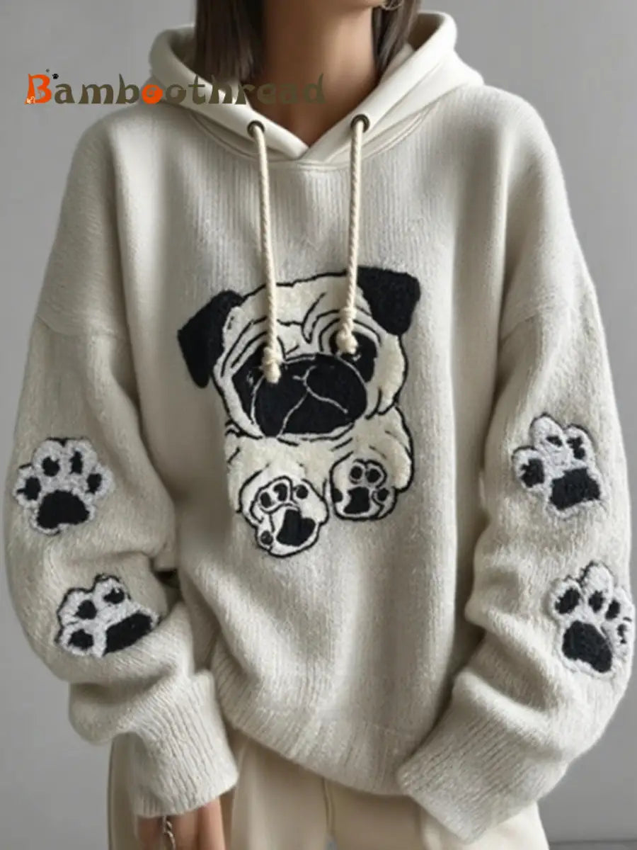 Women’s Cute Pug Embroidery Art Loose Comfortable Knitted Oversized Hooded Sweatshirt As picture / S