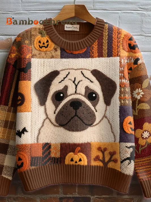 Women’s Cute Pug Pattern Cozy Knit Sweater As picture / S