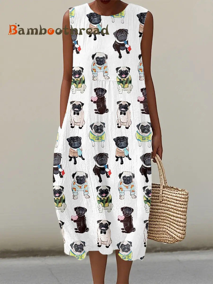 Women’s Cute Pug Print Linen Dress White / S