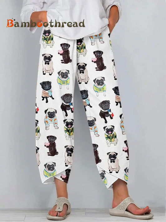 Women’s Cute Pug Print Linen Pants White / S