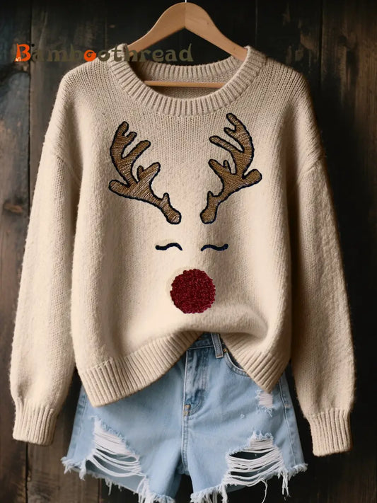 Women’s Cute Reindeer Embroidered Cozy Knit Sweater Apricot / S