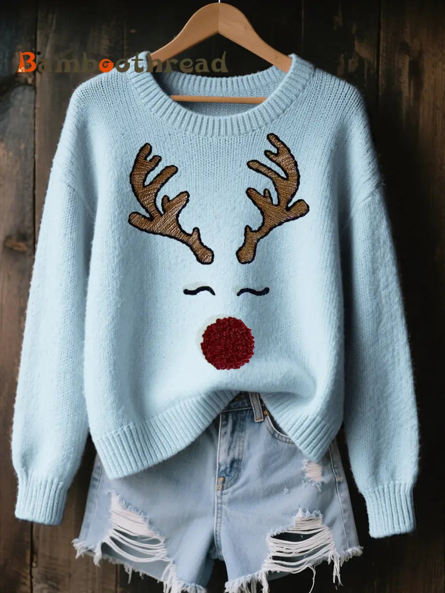 Women’s Cute Reindeer Embroidered Cozy Knit Sweater Light Blue / S