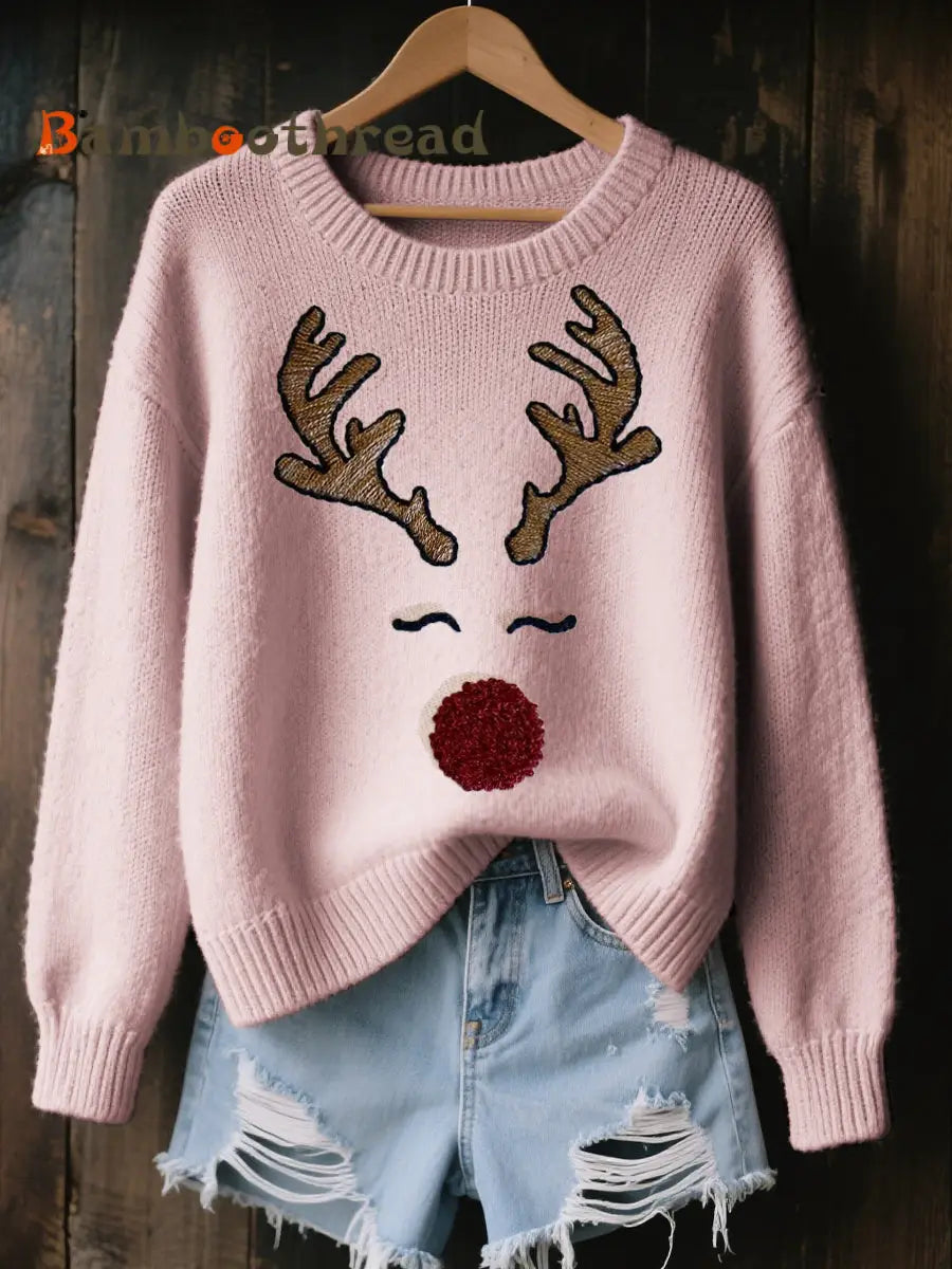 Women’s Cute Reindeer Embroidered Cozy Knit Sweater Pink / S