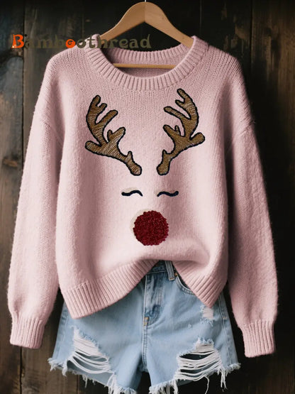 Women’s Cute Reindeer Embroidered Cozy Knit Sweater Pink / S