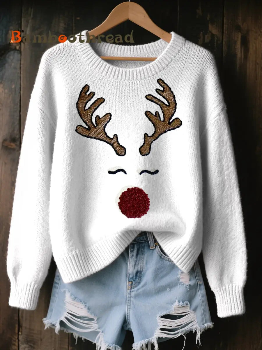 Women’s Cute Reindeer Embroidered Cozy Knit Sweater White / S