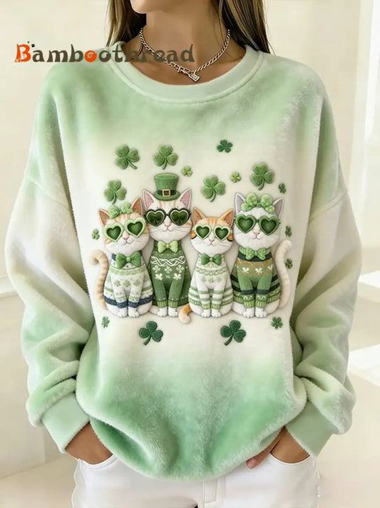 Women’s Cute Shamrocks Cats Print Flannel Sweatshirt As picture / S