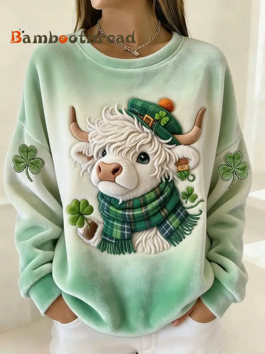 Women’s Cute Shamrocks Highland Cow Print Flannel Sweatshirt As picture / S