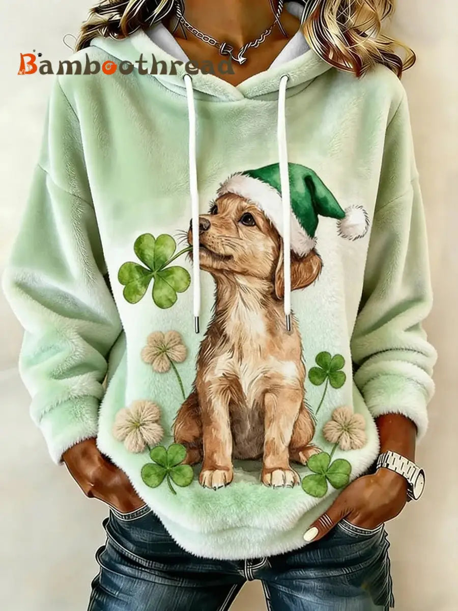 Women’s Cute Shamrocks Puppy Print Flannel Hoodie As picture / S