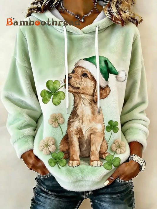 Women’s Cute Shamrocks Puppy Print Flannel Hoodie As picture / S