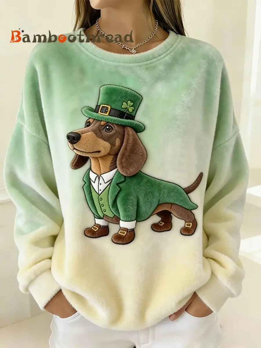 Women’s Cute Shamrocks Puppy Print Flannel Sweatshirt As picture / S