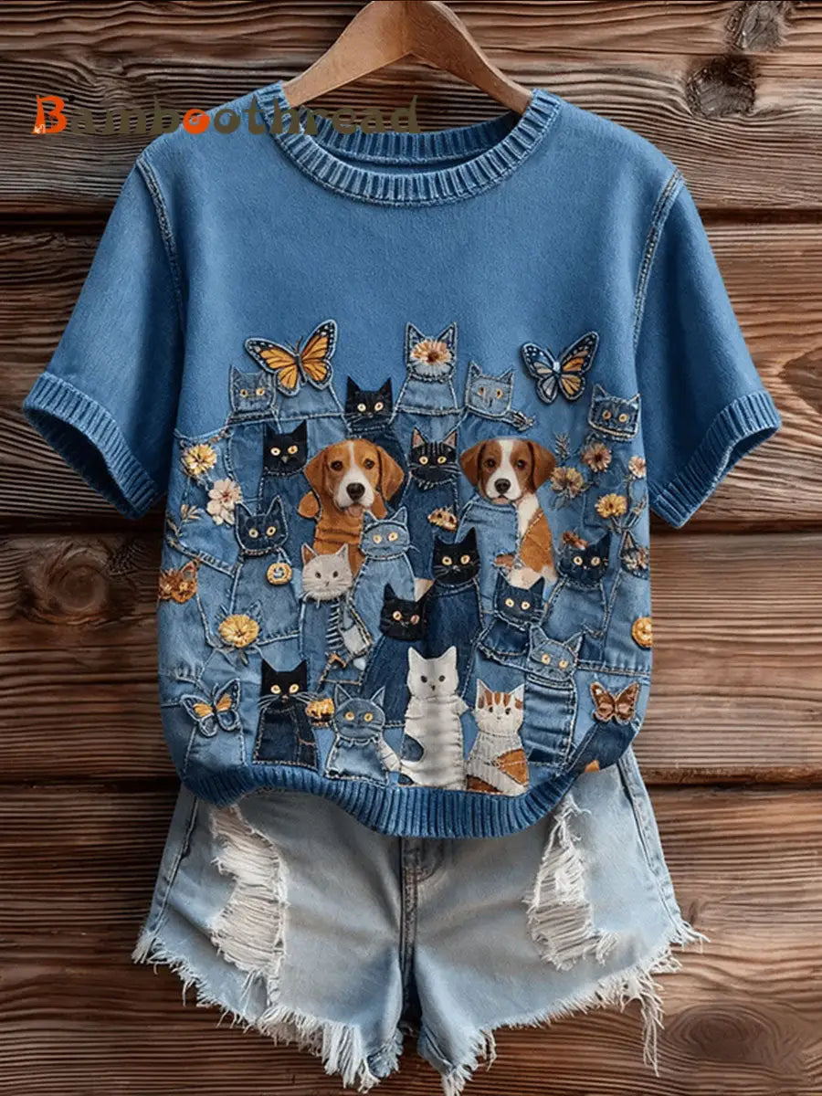 Women’s Cute Stacked Cats And Dogs Short-sleeved T-shirt Blue / S