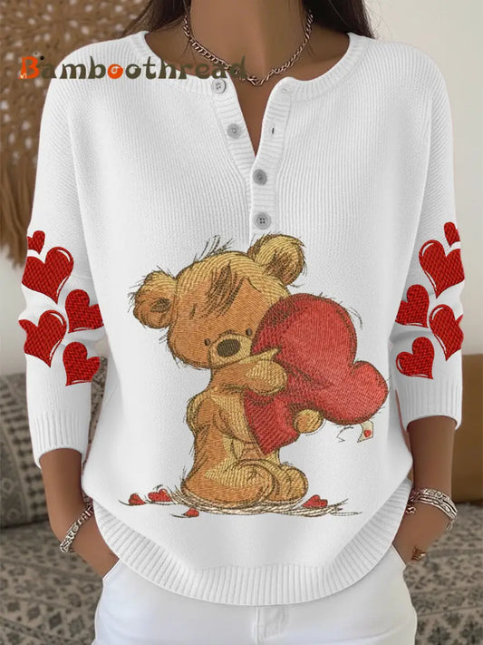 Women’s Cute Teddy Bear & Heart Print White Button-Neck Sweater Multicolour / S