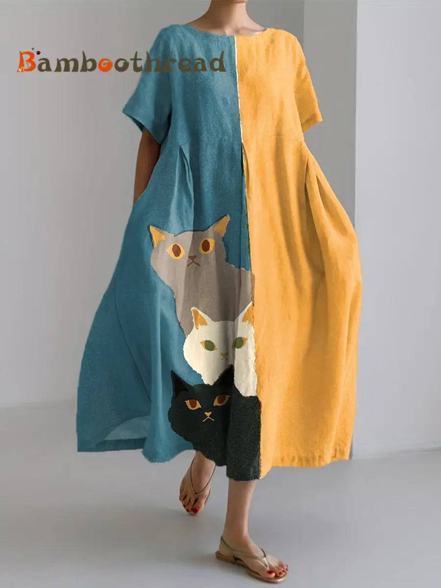 Women’s Cute Three Cats Print Linen Short Sleeve Dress As picture / S