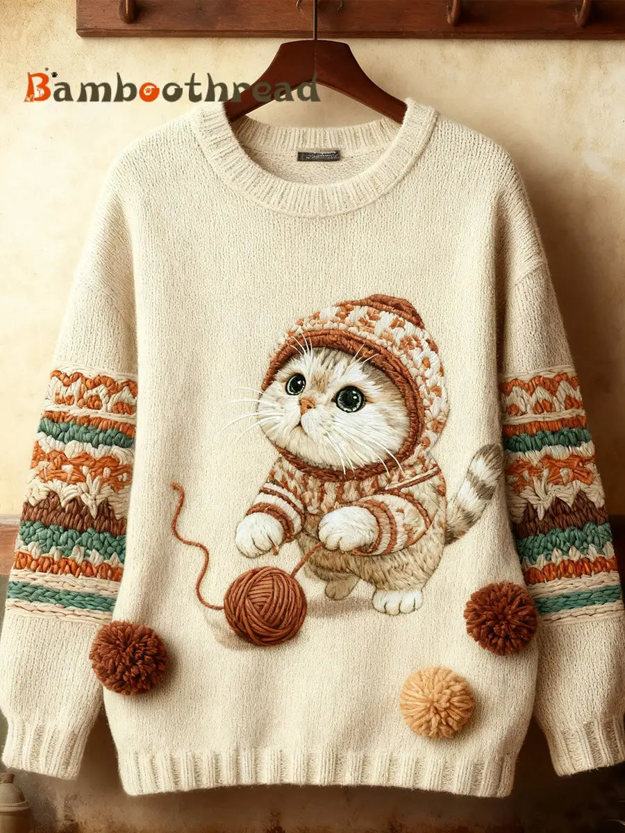 Women’s Cute Winter Cat Art Sweatshirt As picture / S