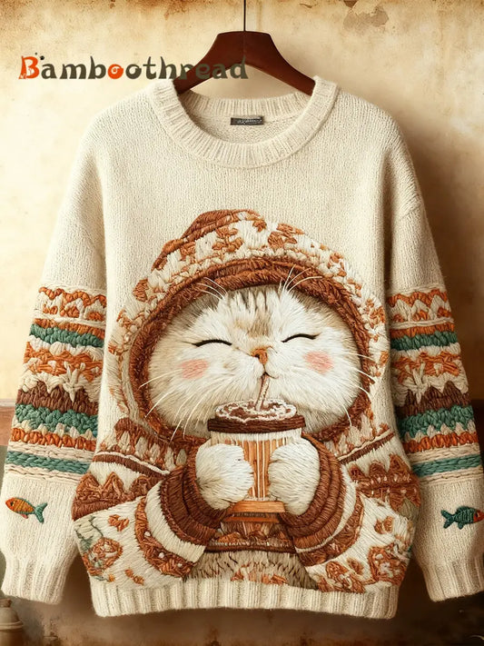 Women’s Cute Winter Cat Art Sweatshirt As picture / S