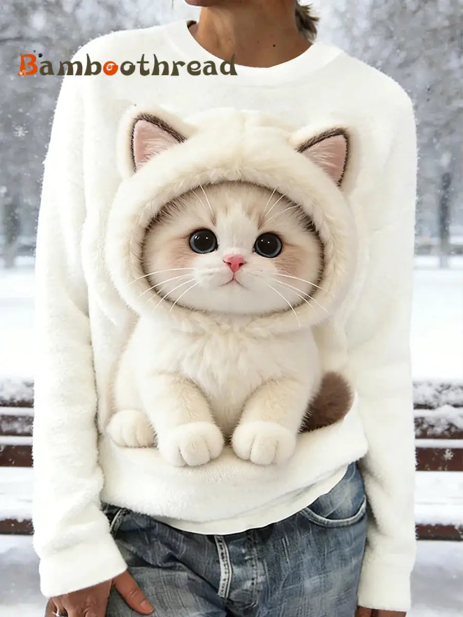 Women’s Cute Winter Cat Flannel Sweatshirt White / S
