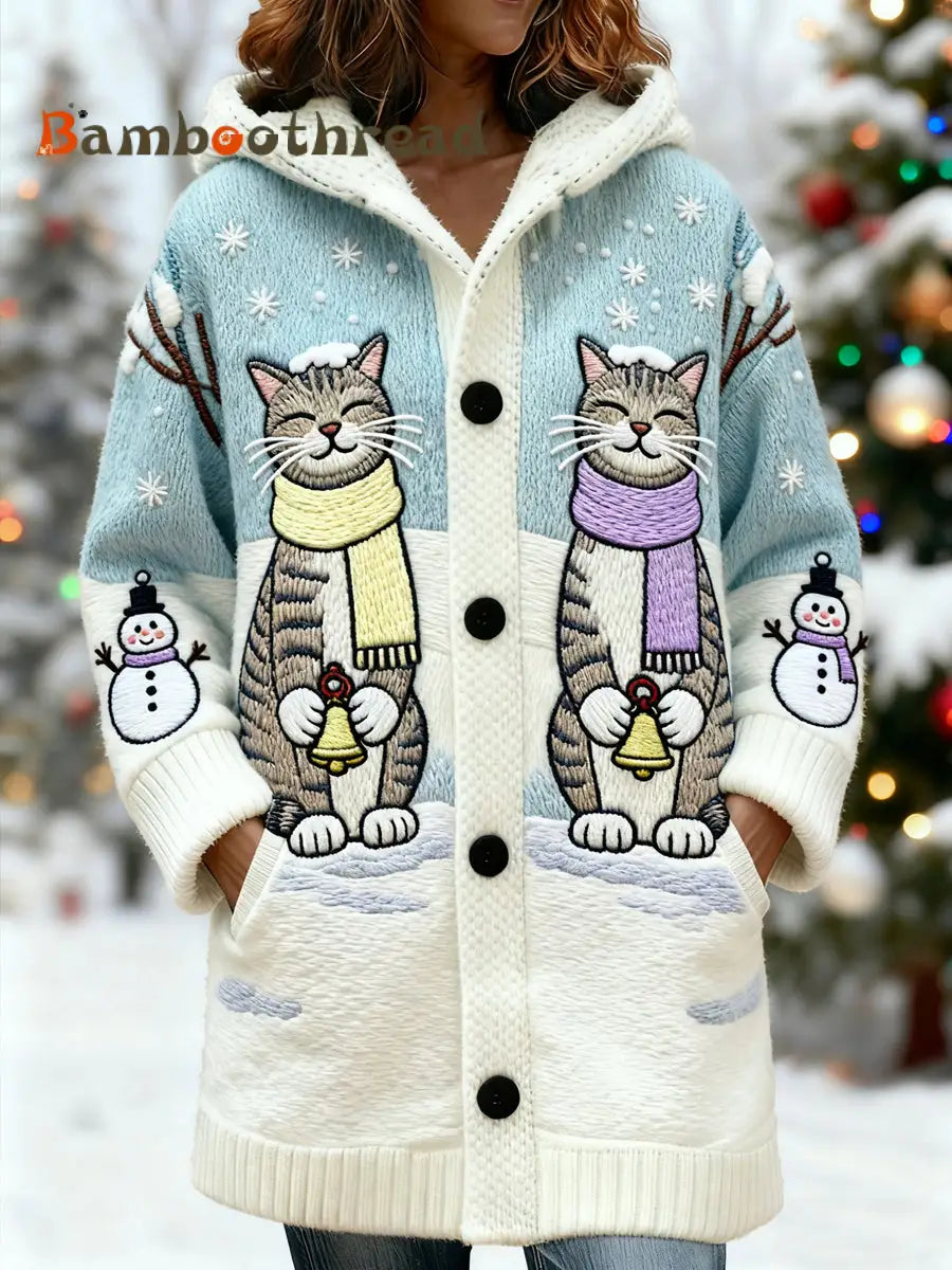 Women’s Cute Winter Cat Print Casual Mid-Length Hooded Cardigan Light Blue / S