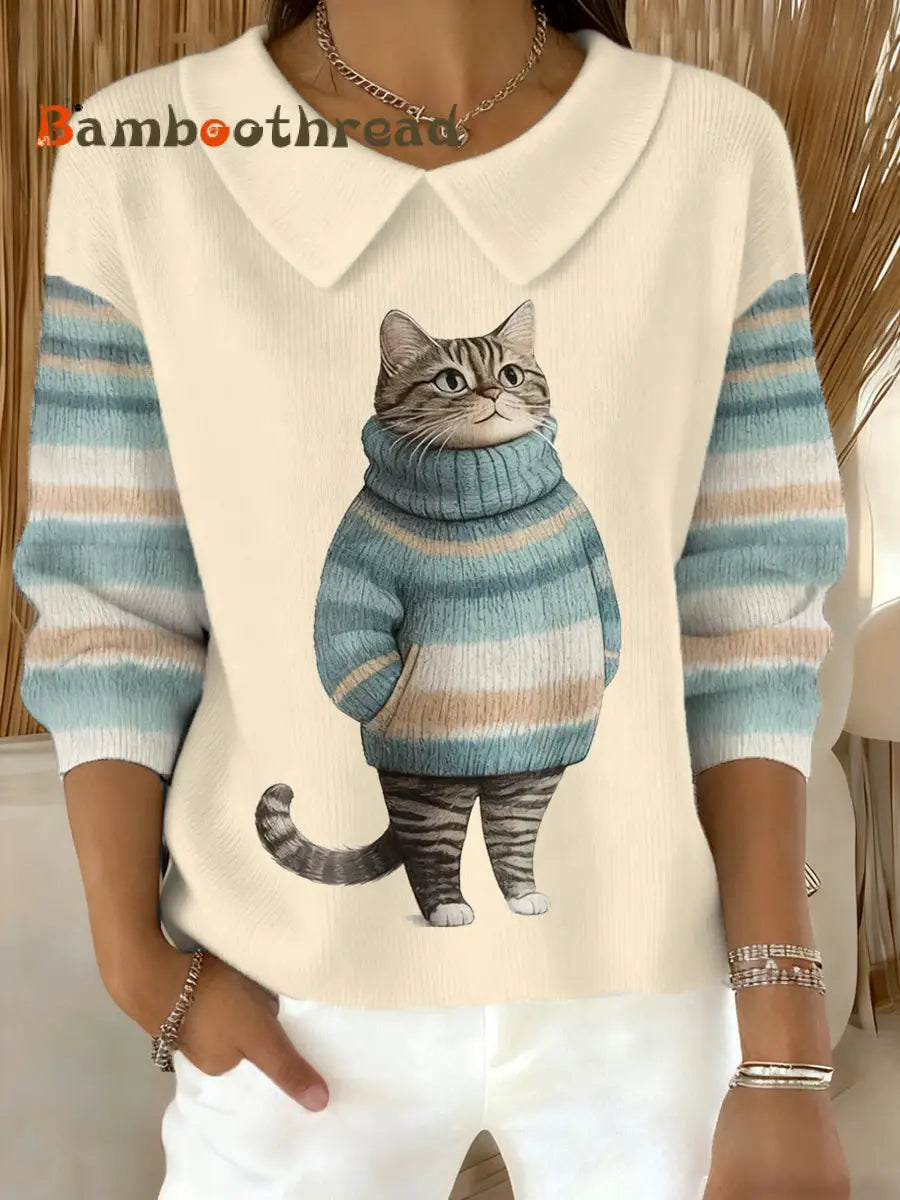 Women’s Cute Winter Cat Print Cat Lovers Casual Doll Collar Top Apricot / S