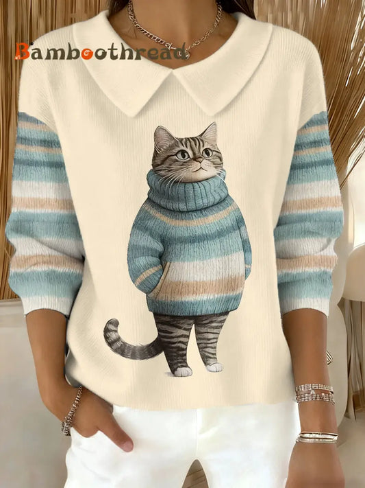 Women’s Cute Winter Cat Print Cat Lovers Casual Doll Collar Top Apricot / S