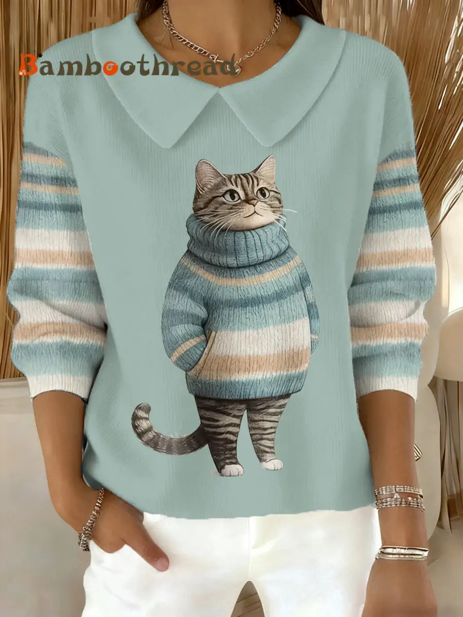 Women’s Cute Winter Cat Print Cat Lovers Casual Doll Collar Top Light Blue / S