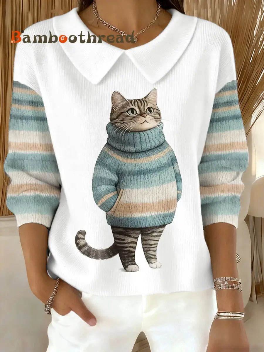 Women’s Cute Winter Cat Print Cat Lovers Casual Doll Collar Top White / S