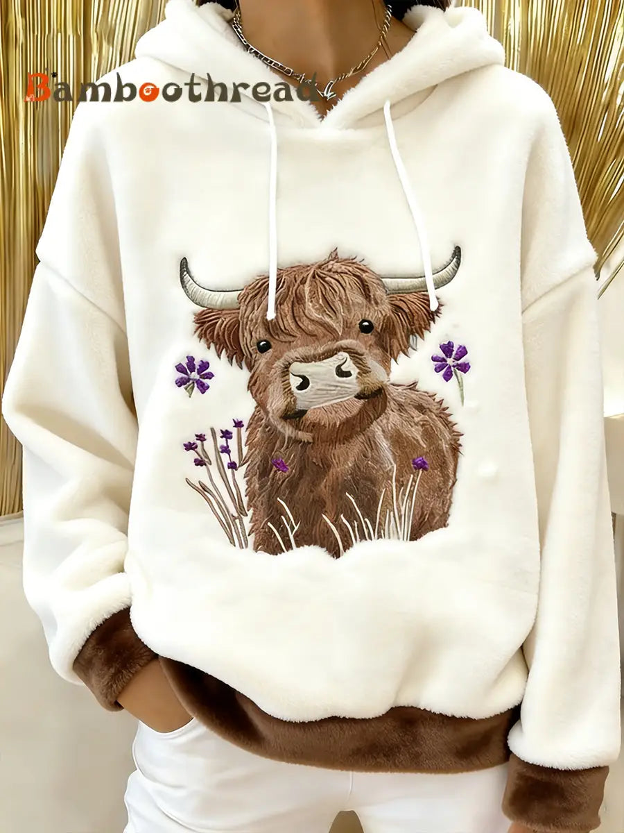 Women’s Cute Winter Highland Cow Flannel Hoodie White / S