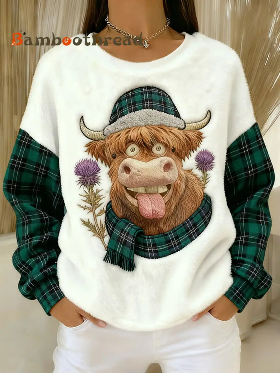 Women’s Cute Winter Highland Cow Flannel Hoodie White / S