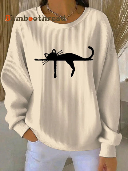 Women’s cutu cat Printed Vintage Casual Loose Long Sleeve Top Creamy-White / S