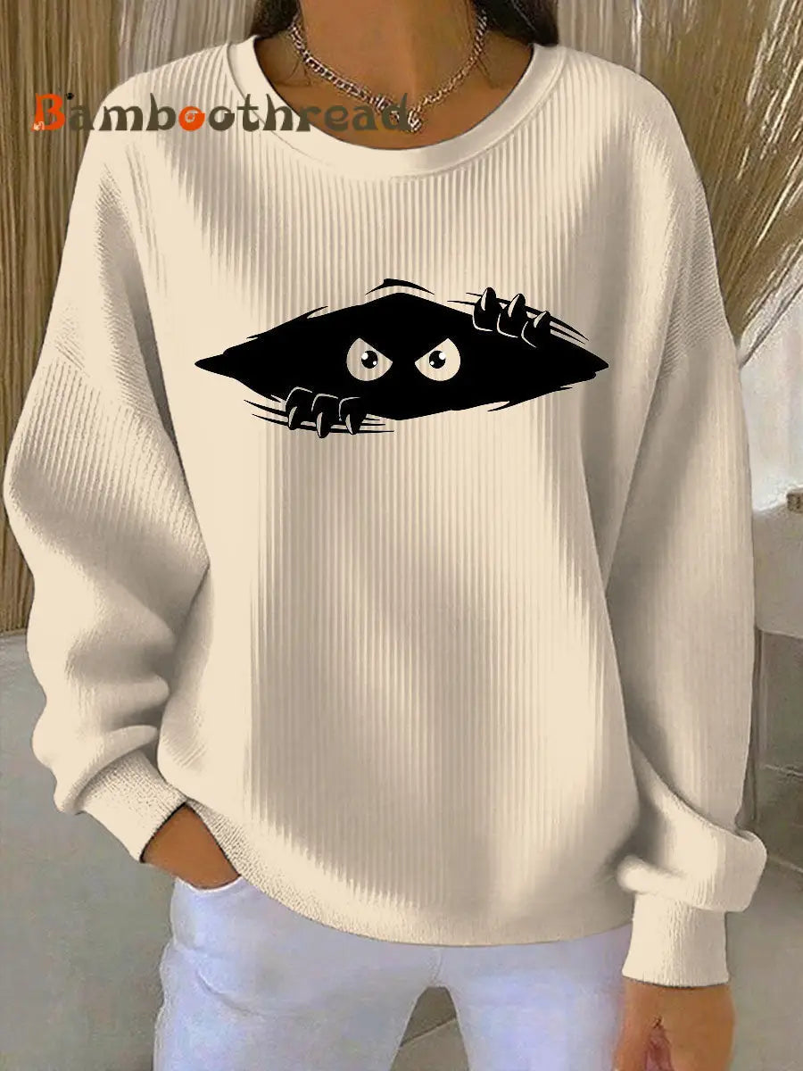 Women’s cutu cat Printed Vintage Casual Loose Long Sleeve Top Creamy-White / S