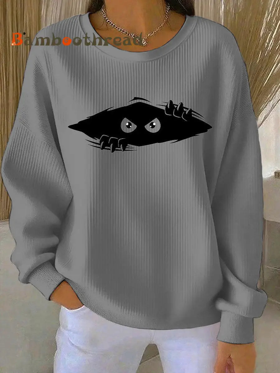 Women’s cutu cat Printed Vintage Casual Loose Long Sleeve Top Gray / S