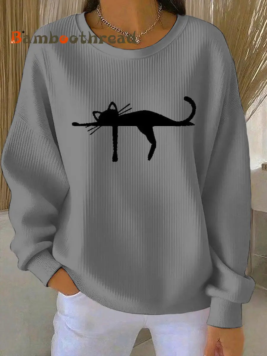 Women’s cutu cat Printed Vintage Casual Loose Long Sleeve Top Gray / S