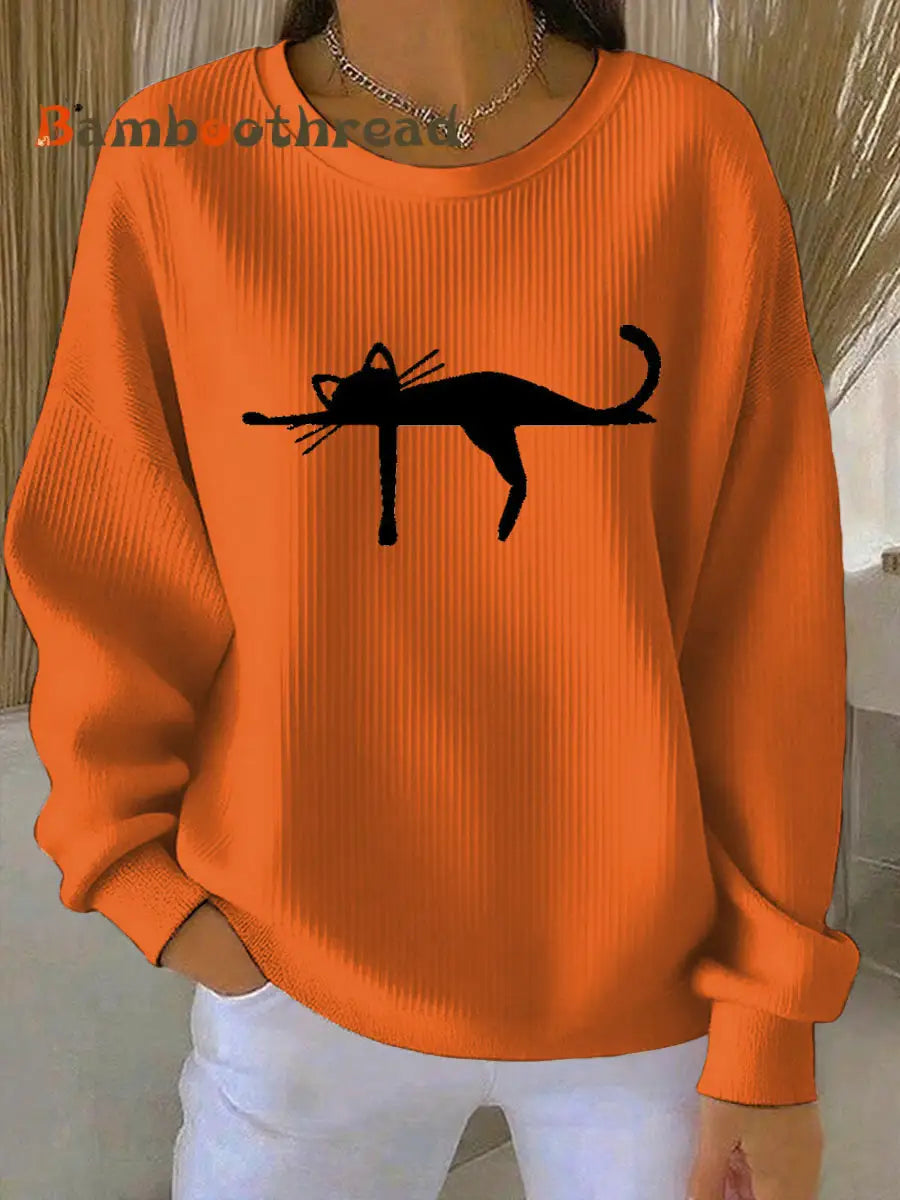 Women’s cutu cat Printed Vintage Casual Loose Long Sleeve Top Orange / S