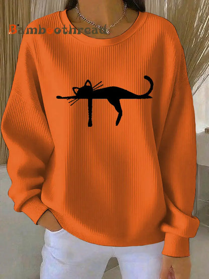 Women’s cutu cat Printed Vintage Casual Loose Long Sleeve Top Orange / S