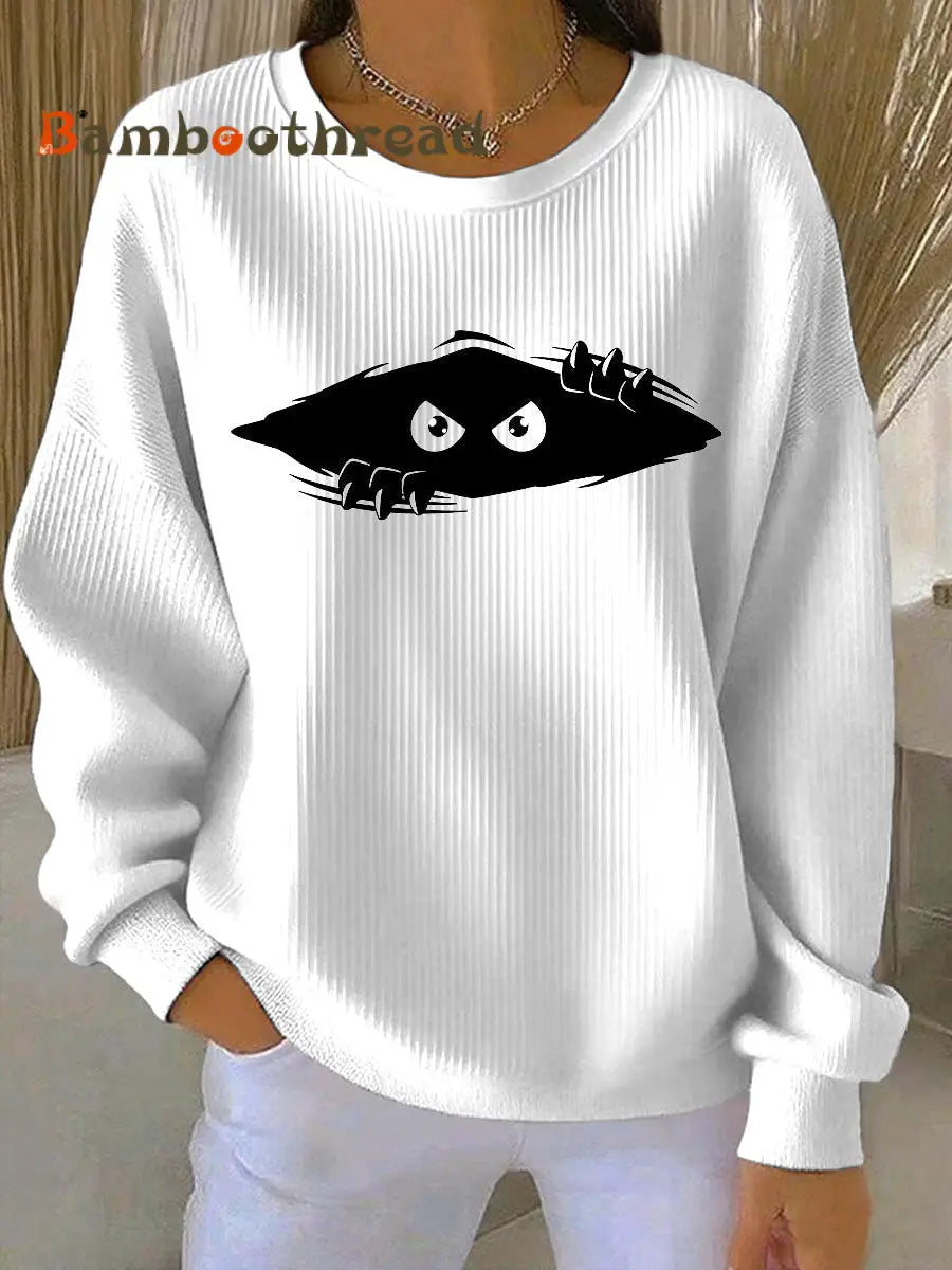 Women’s cutu cat Printed Vintage Casual Loose Long Sleeve Top White / S