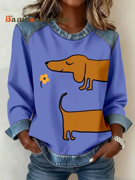 Women’s Dachshund Art Print Denim Patchwork Sweatshirt As picture / S