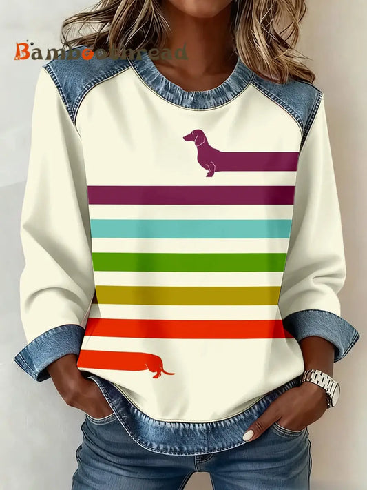 Women’s Dachshund Art Print Denim Patchwork Sweatshirt As picture / S