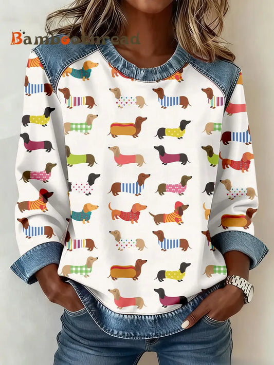 Women’s Dachshund Art Print Denim Patchwork Sweatshirt As picture / S